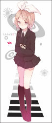 Rule 34 | 1girl, black border, black jacket, black necktie, black skirt, black socks, blonde hair, blush, border, collared shirt, crying, crying with eyes open, full body, hair ornament, hair ribbon, hairclip, hands in opposite sleeves, holding, jacket, kagamine rin, kneehighs, long sleeves, looking at viewer, miniskirt, necktie, no shoes, open mouth, pleated skirt, ribbon, saihate (vocaloid), school uniform, shirt, short hair, simple background, skirt, socks, solo, standing, swept bangs, tears, tetsuo (tashirosu), vocaloid, white background, white ribbon, white shirt, wing collar