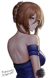 Rule 34 | 1girl, back, backless dress, backless outfit, bad id, bad pixiv id, bare shoulders, black gloves, blush, breasts, brown hair, chinese commentary, commentary request, dress, english text, girls&#039; frontline, gloves, green eyes, hair between eyes, hair bun, official alternate costume, parted lips, selcky, simple background, single hair bun, solo, springfield (girls&#039; frontline), springfield (queen in radiance) (girls&#039; frontline), white background