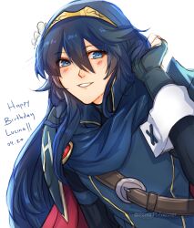 Rule 34 | 1girl, absurdres, armor, belt, blue cape, blue eyes, blue gloves, blue hair, blue sweater, blush, brown belt, cape, character name, commentary, dated, english commentary, english text, fingerless gloves, fire emblem, fire emblem awakening, gloves, grin, hair between eyes, hand in own hair, happy birthday, highres, long hair, looking at viewer, lucina (fire emblem), nintendo, pauldrons, red cape, ribbed sweater, shoulder armor, sierra117renner, simple background, smile, solo, sweater, tiara, turtleneck, turtleneck sweater, twitter username, two-tone cape, white background