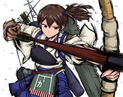 Rule 34 | 10s, 1girl, armor, arrow (projectile), bow (weapon), brown eyes, brown hair, drawing bow, gloves, hamu agaki, holding bow (weapon), japanese clothes, kaga (kancolle), kantai collection, machinery, muneate, quiver, side ponytail, solo, weapon, wide sleeves