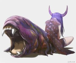 Rule 34 | 1girl, dated, from behind, horns, long hair, megame (okbnkn), monster girl, original, purple hair, simple background, sitting, solo, spikes, tail, tail mouth, white background