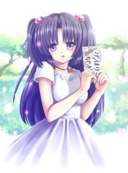 Rule 34 | 00s, 1girl, blue hair, card, clannad, dress, hair bobbles, hair ornament, highres, holding, holding card, ichinose kotomi, long hair, purple eyes, raito (010415), solo, twintails, two side up
