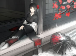 Rule 34 | 1girl, absurdres, black hair, cherry blossoms, floral print, flower, hair flower, hair ornament, hands on lap, highres, japanese clothes, kikivi, kimono, legs together, long sleeves, no shoes, oil-paper umbrella, original, own hands together, shawl, short hair, sitting, snow, solo, spot color, tabi, umbrella, veranda, wide sleeves