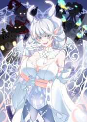 Rule 34 | 1girl, absurdres, breasts, clock, demon horns, demon wings, dress, duel monster, fire, gloves, green fire, grey eyes, highres, horns, knight (yu-gi-oh!), large breasts, lovely labrynth of the silver castle, open mouth, smile, sword, weapon, white dress, white gloves, white hair, wings, yata masahara, yu-gi-oh!