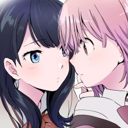 Rule 34 | 10s, 2girls, black hair, blue eyes, blush, bow, bowtie, close-up, collared shirt, commentary request, face-to-face, finger to another&#039;s mouth, gridman universe, long hair, looking at another, multiple girls, niina ryou, pink hair, red eyes, red neckwear, shinjou akane, shirt, short hair, ssss.gridman, takarada rikka, yuri
