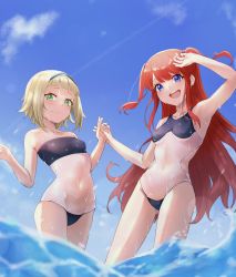 Rule 34 | 2girls, absurdres, blonde hair, breasts, carol fauzen, closed mouth, cloud, cloudy sky, commission, covered navel, day, embarrassed, green eyes, gris swimsuit, highres, m.tokotsu, meme attire, multiple girls, navel, ocean, one-piece swimsuit, open mouth, orange hair, outdoors, pixiv commission, re:zero kara hajimeru isekai seikatsu, short hair, sky, small breasts, swimsuit, theresia van astrea, thighs, water, wet