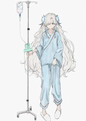 Rule 34 | 1girl, blue eyes, blue flower, blue hair, expressionless, flower, full body, grey hair, hair flower, hair ornament, hair over one eye, hospital gown, intravenous drip, isekai joucho, iv stand, kamitsubaki studio, long hair, looking at viewer, multicolored hair, remil, simple background, sketch, slippers, solo, two-tone hair, very long hair, virtual youtuber, white background