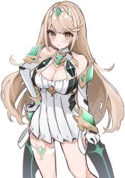 Rule 34 | 1girl, bare shoulders, breasts, chest jewel, circlet, cleavage, cleavage cutout, closed mouth, clothing cutout, dress, earrings, elbow gloves, etoria, gloves, highres, jewelry, large breasts, light brown eyes, light brown hair, long hair, looking at viewer, mythra (xenoblade), simple background, solo, standing, swept bangs, white background, white dress, white gloves, xenoblade chronicles (series), xenoblade chronicles 2