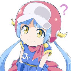 Rule 34 | 10s, 1girl, ?, blue hair, brown eyes, helmet, robot girls z, robot junior, simple background, smile, solo, twintails, zouni (xavier)