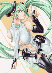 Rule 34 | 1girl, aqua eyes, aqua hair, bad id, bad pixiv id, belt, breasts, cleavage, elbow gloves, female focus, fingerless gloves, gloves, hatsune miku, hatsune miku (append), ion (cation), large breasts, long hair, navel, necktie, smile, solo, thighhighs, twintails, very long hair, vocaloid, vocaloid append, zettai ryouiki