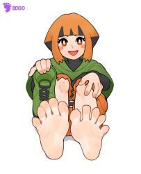 Rule 34 | 1girl, artist name, barefoot, belt buckle, blunt bangs, blush stickers, bogo, boots, brown eyes, buckle, capelet, creatures (company), feet, female focus, foot focus, game freak, gardenia (pokemon), highres, holding, holding clothes, holding footwear, knees up, medium hair, nintendo, open mouth, orange hair, orange shorts, pokemon, pokemon dppt, shorts, sidelocks, simple background, sitting, smile, soles, solo, spread toes, toes, unworn boots, white background