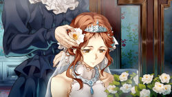 Rule 34 | 10s, 2girls, bare shoulders, blue dress, bouquet, brown eyes, brown hair, charlotte abelfreyja drossel, cheese kang, closed mouth, commentary request, crown, dress, flower, frills, hair flower, hair ornament, hair up, highres, indoors, jewelry, long hair, looking down, maid, multiple girls, necklace, smile, solo focus, tears, tiara, violet evergarden, violet evergarden (series), wedding dress, white dress