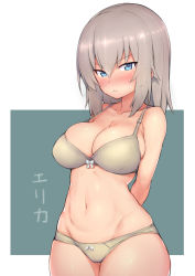 Rule 34 | &gt;:(, 10s, 1girl, absurdres, arms behind back, blue eyes, bow, bow panties, bra, breasts, character name, cleavage, collarbone, cowboy shot, frown, girls und panzer, grey bra, grey hair, grey panties, highres, itsumi erika, large breasts, looking at viewer, navel, panties, simple background, skindentation, solo, sweatdrop, try (lsc), underwear, underwear only, v-shaped eyebrows