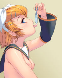Rule 34 | 1girl, arm up, blonde hair, blue eyes, bow, breasts, condom, cum, female focus, hair bow, hair ornament, hairclip, holding, kagamine rin, kouno (masao), looking at viewer, nail polish, nipples, pinky out, profile, saliva, shiny skin, short hair, simple background, small breasts, solo, tongue, tongue out, topless frame, upper body, used condom, vocaloid