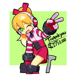 Rule 34 | 1girl, blonde hair, boots, call (mighty no. 9), call f, english text, fingerless gloves, flat chest, gloves, green eyes, hair ribbon, headphones, highres, knee boots, kou (makoto yabe), long hair, mighty no. 9, official art, one eye closed, open mouth, ponytail, ribbon, smile, solo, striped, striped sleeves, thank you, v, very long hair, wink