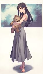 Rule 34 | 1girl, bare shoulders, barefoot, black hair, dress, from side, grey dress, highres, holding, holding stuffed toy, kusano shinta, long hair, hugging object, open mouth, original, pointy ears, red eyes, simple background, sleeveless, sleeveless dress, solo, standing, stuffed animal, stuffed toy, teddy bear, white background