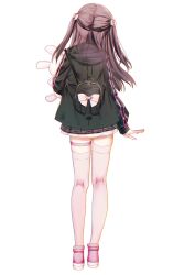 Rule 34 | 1girl, arm at side, backpack, bag, black bag, black jacket, black skirt, bow, brown hair, commentary, from behind, full body, hair bow, highres, holding, holding stuffed toy, hood, hood down, hooded jacket, jacket, jirai kei, long hair, miniskirt, natsuoto rito, original, pink footwear, pleated skirt, purple thighhighs, simple background, skirt, sleeves past wrists, standing, stuffed animal, stuffed rabbit, stuffed toy, tachi-e, thighhighs, two side up, white background, white bow, zettai ryouiki