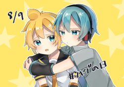 Rule 34 | 2boys, akikan sabago, aqua eyes, aqua hair, aqua necktie, arm warmers, arms around neck, blonde hair, commentary, date pun, dated, grey shirt, hatsune mikuo, headphones, hug, kagamine len, male focus, multiple boys, necktie, number pun, open mouth, shirt, short sleeves, spiked hair, star (symbol), translated, upper body, vocaloid, white shirt, yellow background, yellow neckwear