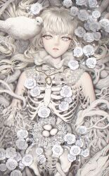 Rule 34 | 1girl, animal, bird, bird nest, bird request, blonde hair, body horror, bone, bow, commentary request, egg, flower, grey eyes, highres, jewelry, long hair, looking at viewer, lying, minami (minami373916), necklace, nest, on back, original, pale skin, parted lips, pearl necklace, pendant, roots, skeleton, snake, solo, white bird, white flower, white snake, white theme