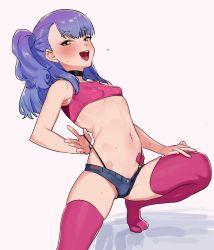 Rule 34 | 1girl, belly, blue hair, blush, borrowed character, breasts, choker, condom, crop top, highres, navel, original, pectorals, pink crop top, pink thighhighs, sexually suggestive, short shorts, shorts, side ponytail, small breasts, suisogenshi, thighhighs