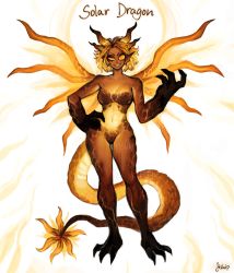 Rule 34 | 1girl, abs, absurdres, animal feet, animal hands, breasts, claws, colored sclera, dark-skinned female, dark skin, dragon horns, dragon tail, dragon wings, fewer digits, full body, gradient sky, grin, half-closed eye, hand up, highres, horns, looking at viewer, matilda fiship, medium breasts, multiple horns, navel, orange eyes, original, signature, sky, smile, solo, spread wings, tail, wings, yellow sclera