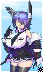 Rule 34 | 1girl, bare shoulders, black thighhighs, blue background, border, breasts, choker, collarbone, cowboy shot, eyepatch, fingerless gloves, gloves, grin, hair ornament, highres, jacket, joeydrawss, kantai collection, large breasts, looking at viewer, off shoulder, pleated skirt, purple hair, short hair, simple background, skirt, sleeveless, smile, smug, solo, tenryuu (kancolle), thighhighs, thighs, white border, yellow eyes, zettai ryouiki