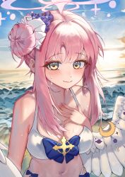 Rule 34 | 1girl, absurdres, angel wings, bare shoulders, beach, bikini, blue archive, blue bow, blush, bow, breasts, closed mouth, commentary, crescent, cross, day, feathered wings, fingernails, flower, hair bun, hair flower, hair ornament, hair ribbon, halo, highres, kamu (stead06y), large breasts, looking at viewer, low wings, medium breasts, mika (blue archive), navel, ocean, outdoors, pink hair, pink halo, purple flower, ribbon, sand, single side bun, smile, solo, stomach, sunset, swimsuit, water, white bikini, white ribbon, white wings, wings, yellow eyes