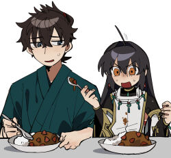 Rule 34 | 2boys, absurdres, ahoge, black hair, brown eyes, curry, curry rice, earrings, fate/grand order, fate/samurai remnant, fate (series), food, food on clothes, grey eyes, highres, japanese clothes, jewelry, kimono, long hair, miyamoto iori (fate), multiple boys, plate, rice, spoon, uotsu (sabakou), white background, yamato takeru (fate), yamato takeru (third ascension) (fate)