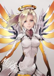 Rule 34 | 1girl, blonde hair, blue eyes, bodysuit, breasts, character name, cowboy shot, grey background, halo, high ponytail, highres, looking at viewer, mechanical halo, mechanical wings, medium breasts, mercy (overwatch), moupii (hitsuji no ki), overwatch, overwatch 1, parted lips, simple background, smile, solo, wings, yellow wings