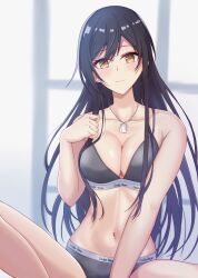 Rule 34 | 1girl, 777nasu, absurdres, bare shoulders, black hair, breasts, commentary request, dog tags, grey panties, grey sports bra, hair down, highres, idolmaster, idolmaster shiny colors, knee up, large breasts, long hair, looking at viewer, navel, panties, shirase sakuya, sitting, solo, sports bra, stomach, two-tone sports bra, underwear, underwear only, yellow eyes