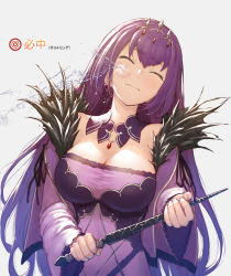 Rule 34 | 1girl, bare shoulders, breasts, cleavage, closed eyes, closed mouth, commentary request, detached collar, dress, fate/grand order, fate (series), fur trim, hair between eyes, in the face, jewelry, large breasts, long hair, necklace, pendant, purple dress, purple hair, pyz (cath x tech), scathach (fate), scathach skadi (fate), sexually suggestive, simple background, solo, squirting liquid, tiara, wand, water, white background
