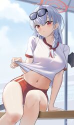 Rule 34 | 1girl, absurdres, blue archive, gym uniform, haruna (blue archive), highres, long hair, looking at viewer, may9, red eyes, shirt, short sleeves, solo, white hair, white shirt