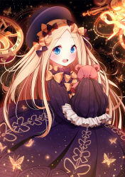 Rule 34 | 1girl, :d, abigail williams (fate), black bow, black dress, black hat, blonde hair, blue eyes, blush, bow, bug, butterfly, commentary request, dress, fate/grand order, fate (series), forehead, hair bow, hat, highres, hugging object, insect, lokyin house, long hair, long sleeves, looking at viewer, open mouth, orange bow, parted bangs, polka dot, polka dot bow, roman numeral, round teeth, sky, sleeves past fingers, sleeves past wrists, smile, solo, star (sky), starry sky, stuffed animal, stuffed toy, teddy bear, teeth, upper teeth only, very long hair