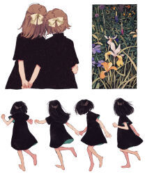 Rule 34 | 6+girls, arms behind back, barefoot, black dress, black hair, border, bow, brown hair, collage, dress, facing away, flower, flower request, from behind, full body, hair bow, highres, ka (marukogedago), long hair, matching outfits, medium hair, multiple girls, nature, original, own hands together, plant, purple flower, running, short dress, short hair, short sleeves, standing, upper body, white background, white border, white flower, yellow bow, yellow flower