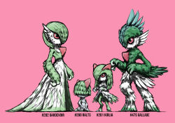 Rule 34 | 4others, absurdres, arms at sides, blacknirrow, blue hair, bob cut, body fur, bowl cut, character name, covered eyes, creatures (company), english text, evolutionary line, feathers, full body, gallade, game freak, gardevoir, gen 3 pokemon, gen 4 pokemon, green fur, green hair, hair over eyes, hair over one eye, hands up, highres, kirlia, mohawk, multicolored hair, multiple others, nintendo, no mouth, one eye covered, other focus, pink background, pokedex number, pokemon, pokemon (creature), ralts, realistic, short hair, sidelocks, simple background, sketch, two-tone fur, two-tone hair, white fur