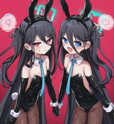 Rule 34 | &lt;key&gt; (blue archive), 2girls, absurdly long hair, anger vein, animal ears, aris (blue archive), black hair, black leotard, black pantyhose, blue archive, blue eyes, blue halo, blue necktie, blush, elbow gloves, fake animal ears, fake tail, flat chest, gloves, hair between eyes, hairband, halo, heart, holding hands, leotard, long hair, long hair between eyes, multiple girls, necktie, nnamizu, one side up, open mouth, pantyhose, playboy bunny, rabbit ears, red background, red eyes, simple background, tail, very long hair