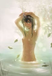 Rule 34 | 1girl, abs, armpits, bangle, black hair, bracelet, gradient background, jewelry, lake, nature, nipples, nude, original, partially submerged, smile, solo, wading, water, wet
