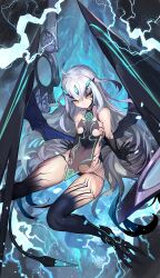 Rule 34 | 1girl, ahoge, bare shoulders, black panties, black skin, blue fire, body markings, breasts, claws, colored skin, covered navel, dragon wings, electricity, facial mark, melusine (third ascension) (fate), fate/grand order, fate (series), fire, forked eyebrows, gradient skin, grey hair, hair between eyes, highres, lack, long hair, looking at viewer, melusine (fate), panties, revealing clothes, sidelocks, sitting, small breasts, smile, solo, tail, talons, underwear, very long hair, weapon, white hair, wings, yellow eyes