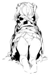 Rule 34 | 1girl, all fours, ass, bell, checkered clothes, checkered kimono, full body, greyscale, hair bell, hair ornament, japanese clothes, kamukamu (ars), kimono, monochrome, motoori kosuzu, panties, pantyshot, simple background, sketch, solo, touhou, two side up, underwear, white background