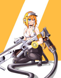 Rule 34 | 1girl, absurdres, armband, armored legwear, bandaid, bandaid on cheek, bandaid on face, bare shoulders, black choker, black pants, blonde hair, blue eyes, breasts, cable, cable tail, choker, chu.n, cleavage, collarbone, commentary, earpiece, full body, gloves, goddess of victory: nikke, gun, hair between eyes, highres, holding, holding gun, holding weapon, maxwell (nikke), mechanical tail, medium breasts, midriff, pants, parted lips, rifle, shadow, short hair, short hair with long locks, sidelocks, smile, sniper rifle, solo, sports bra, squatting, tail, two-tone gloves, visor cap, watch, weapon, white gloves, white sports bra, wristwatch, yellow armband, yellow background