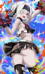 Rule 34 | 1girl, adapted costume, ass, azur lane, black panties, black thighhighs, blue sky, bon homme richard (azur lane), bon homme richard (meta) (azur lane), breasts, butt crack, cheerleader, cloud, commentary, commentary request, covered erect nipples, fang, from below, hair over one eye, hairband, highres, macaroni hourensou, panties, pom pom (cheerleading), red eyes, short hair, sky, small breasts, smile, solo, thick eyebrows, thighhighs, torn clothes, torn thighhighs, underwear, white hair