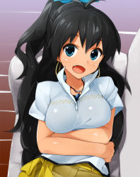 Rule 34 | 1girl, black hair, blue eyes, blue ribbon, breast hold, breasts, couch, earrings, fang, floor, from above, ganaha hibiki, hair ribbon, idolmaster, idolmaster (classic), jewelry, kaisen chuui, long hair, looking at viewer, lying, on back, open mouth, patterned, pendant, ponytail, ribbon, sash, shirt, smile, solo, very long hair