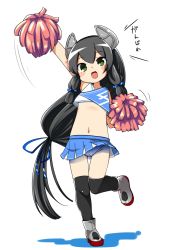 Rule 34 | 1girl, black hair, black thighhighs, blue skirt, cheering, cheerleader, commentary request, crop top, crop top overhang, full body, green eyes, hair ribbon, headgear, highres, holding, holding pom poms, i-47 (kancolle), kantai collection, long hair, low-tied long hair, midriff, miniskirt, nassukun, navel, panties, pantyshot, pleated skirt, pom pom (cheerleading), pom poms, ribbon, sidelocks, simple background, skirt, solo, thighhighs, tress ribbon, underwear, very long hair, white background, white panties