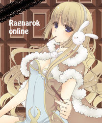 Rule 34 | 1girl, :3, blonde hair, blue dress, blue eyes, blush, breasts, brown cape, brown dress, bunny headphones, candy, cape, chocolate, chocolate bar, cleavage, commentary request, copyright name, cowboy shot, dress, food, food in mouth, fur-trimmed cape, fur trim, headphones, high wizard (ragnarok online), holding, holding food, long hair, looking at viewer, medium breasts, nia (littlestars), no gloves, open mouth, pocky, ragnarok online, short dress, solo, two-tone dress