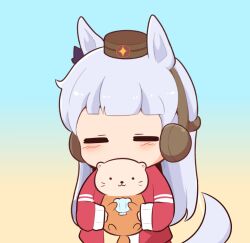 Rule 34 | . ., 1girl, animal, animal ears, blue background, blush stickers, brown background, brown hat, chibi, closed eyes, ear covers, facing viewer, gold ship (umamusume), gomashio (goma feet), gradient background, grey hair, hat, holding, holding animal, horse ears, horse girl, horse tail, long hair, long sleeves, mini hat, otter, seashell, shell, solo, tail, umamusume