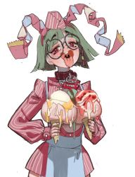 Rule 34 | 1girl, breasts, collar, food, food on body, food on breasts, freckles, glasses, green hair, highres, ice cream, large breasts, looking at viewer, medium hair, mossacannibalis, nipples, original, red eyes, simple background, solo, standing, tongue, tongue out