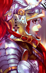 Rule 34 | 1girl, armor, breastplate, buckle, eyelashes, filigree, helmet, highres, knight, lips, looking to the side, open mouth, original, paladin, pale skin, plate armor, red eyes, red hair, red lips, shoulder armor, smile, solo, pauldrons, visor (armor), zudarts lee