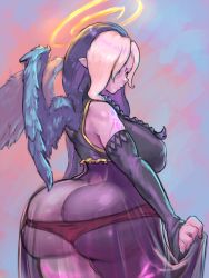 Rule 34 | 1girl, ass, bare shoulders, blonde hair, breasts, butt crack, cutesexyrobutts, detached hair, from behind, halo, highres, huge ass, huge breasts, long hair, looking down, multicolored hair, nose, original, panties, pointy ears, purple hair, red panties, sketch, skindentation, solo, tattoo, thick thighs, thighs, underwear, wings