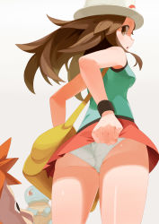 Rule 34 | 00s, 1girl, ass, bag, bare shoulders, blue oak, brown eyes, brown hair, cowboy shot, creatures (company), from below, game freak, gen 1 pokemon, hat, highres, leaf (pokemon), looking back, mososhi, nintendo, open mouth, panties, pantyshot, pokemon, pokemon (creature), pokemon frlg, simple background, skirt, solo, squirtle, underwear, upskirt, white background, white hat, white panties, wristband