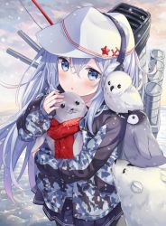 Rule 34 | 1girl, :3, :o, animal, animal on shoulder, backlighting, bear, bird, black eyes, blue eyes, blue jacket, blue skirt, blush, camouflage, camouflage jacket, cloud, cloudy sky, day, earmuffs, flat cap, fringe trim, hair between eyes, hammer and sickle, hat, headpat, hibiki (kancolle), hitsukuya, jacket, kantai collection, long hair, long sleeves, looking at viewer, miniskirt, outdoors, owl, parted lips, penguin, pleated skirt, polar bear, red scarf, rigging, scarf, seal (animal), silver hair, skirt, sky, sleeves past wrists, snowing, snowy owl, solo, star (symbol), tareme, turret, whiskers, white hat